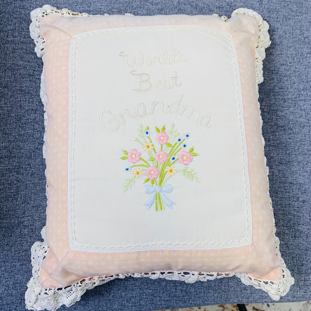 Vintage Grandma Embroidered Throw Pillow Lace Cottagecore Decor 12" x 13"